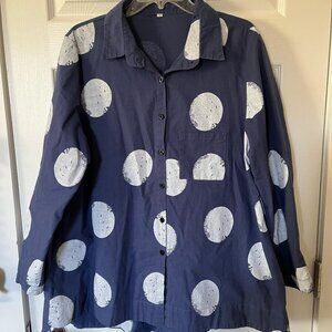 Minibee Women's Button Down Tunic Top, Blue and White Polka Dot, Large